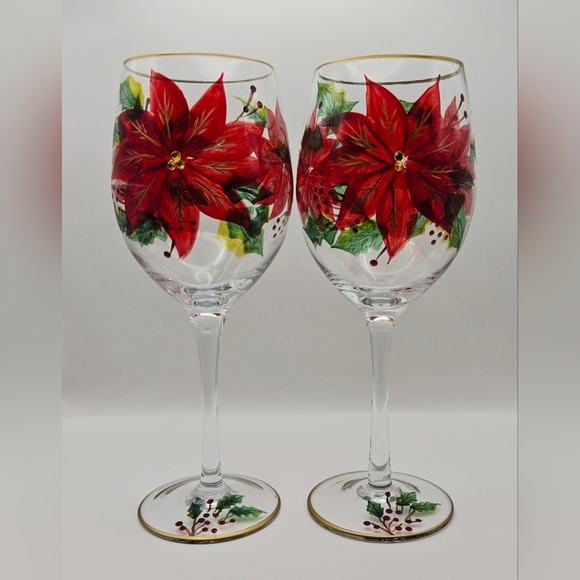 Other - Hand Painted Poinsettia Wine Glasses with Gold Trim – Christmas Set of 2